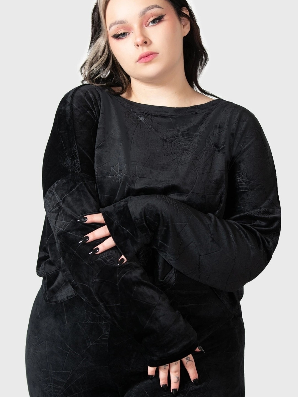 Killstar Black Velvet Spiderweb Long Sleeve Sweatshirt